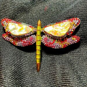 Joan Rivers Dragonfly Brooch With Pave colored Crystals & Albalone Shell